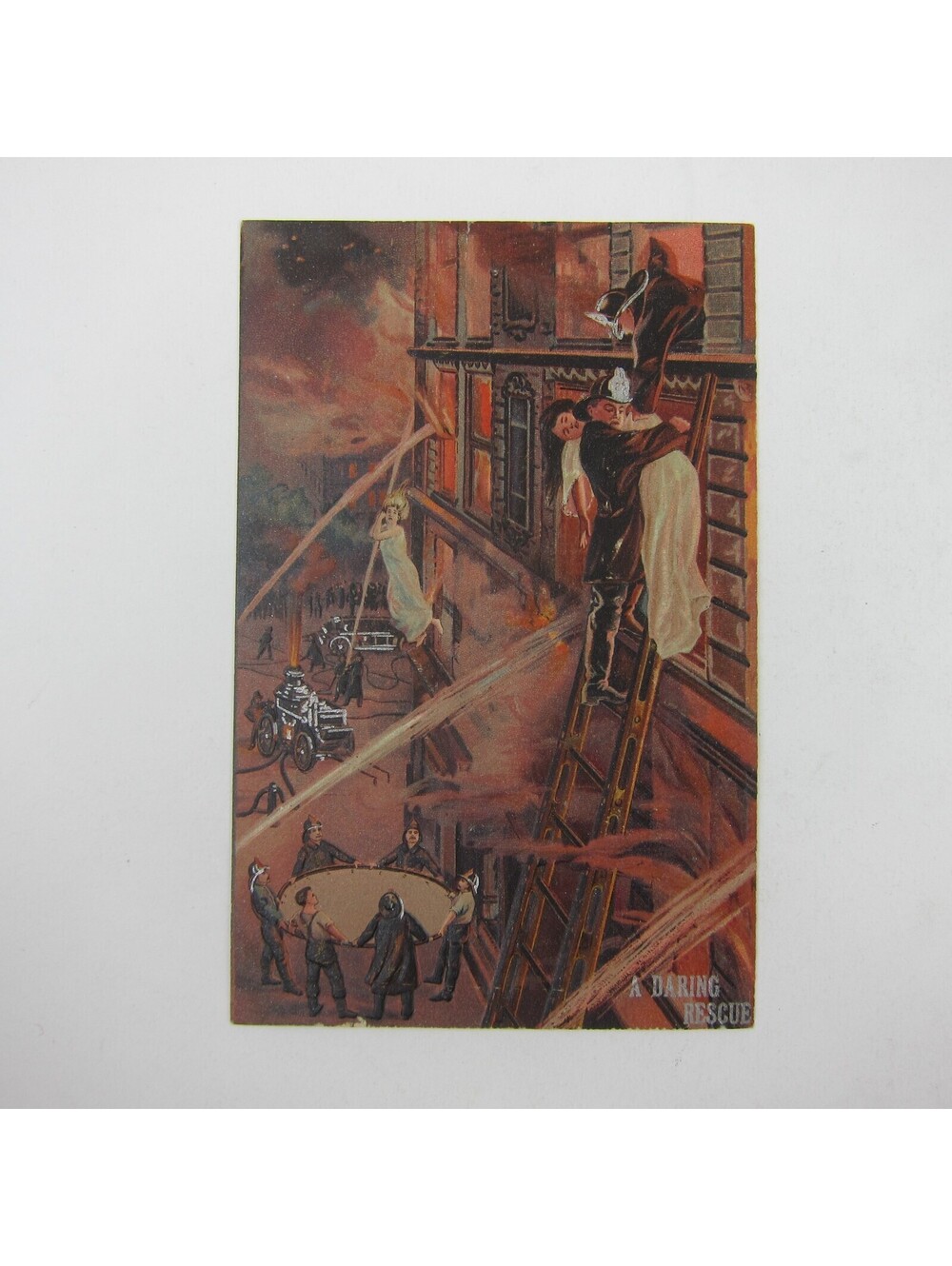 Postcard Firefighter Fireman A Daring Rescue Embossed Antique Unposted RARE